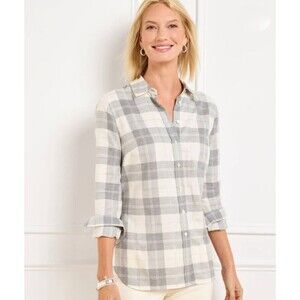 Talbots Women's Plaid Button Down Shirt Size M Grey White Metallic Stripe Cotton